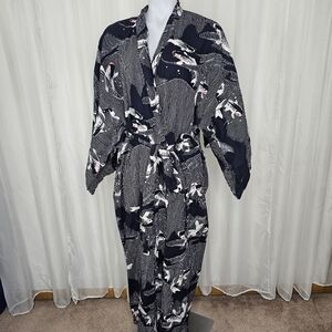 Vintage Juguemm Navy Blue And White Kimono Yukata Carpe Fish Pattern OS